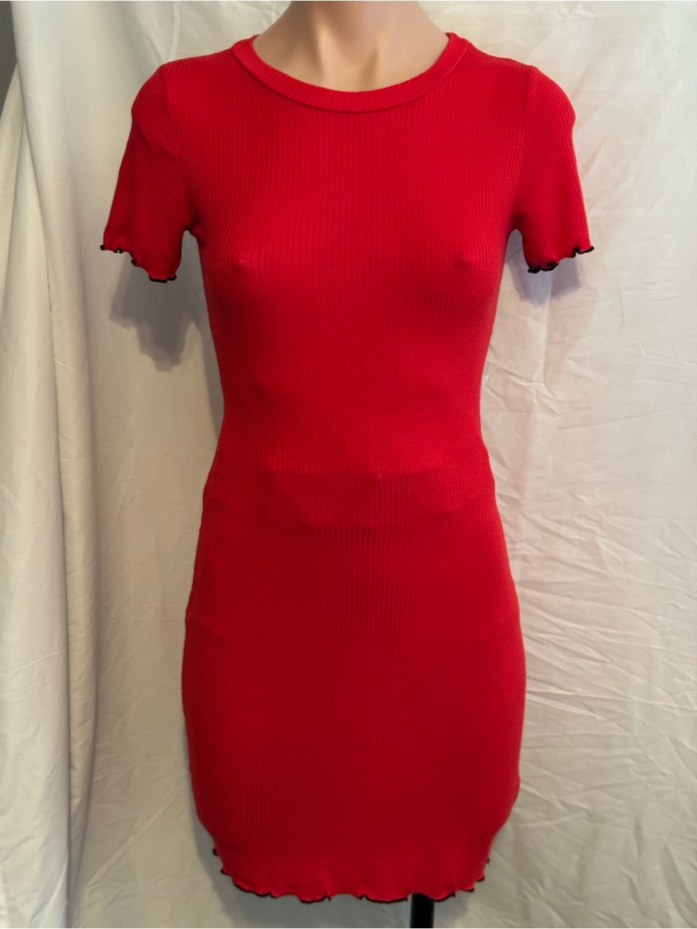 Red Ribbed with Black Trim Short Sleeve Bodycon Style Dress